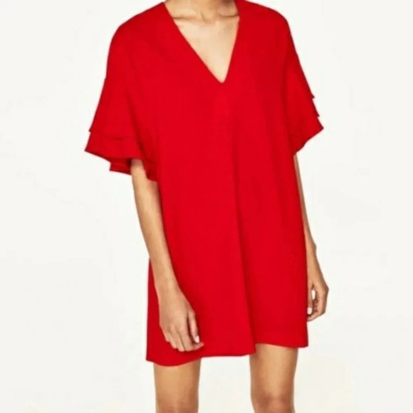Zara Flowy Red Short Sleeve Dress Size Large Summer Party - Picture 2 of 8